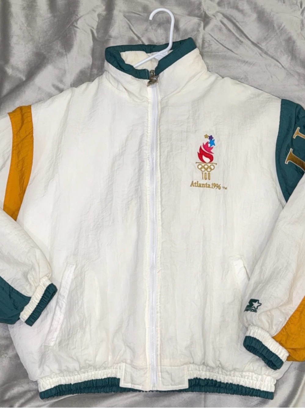 STARTER White Padded Bomber Jacket with Teal & Gold Accents